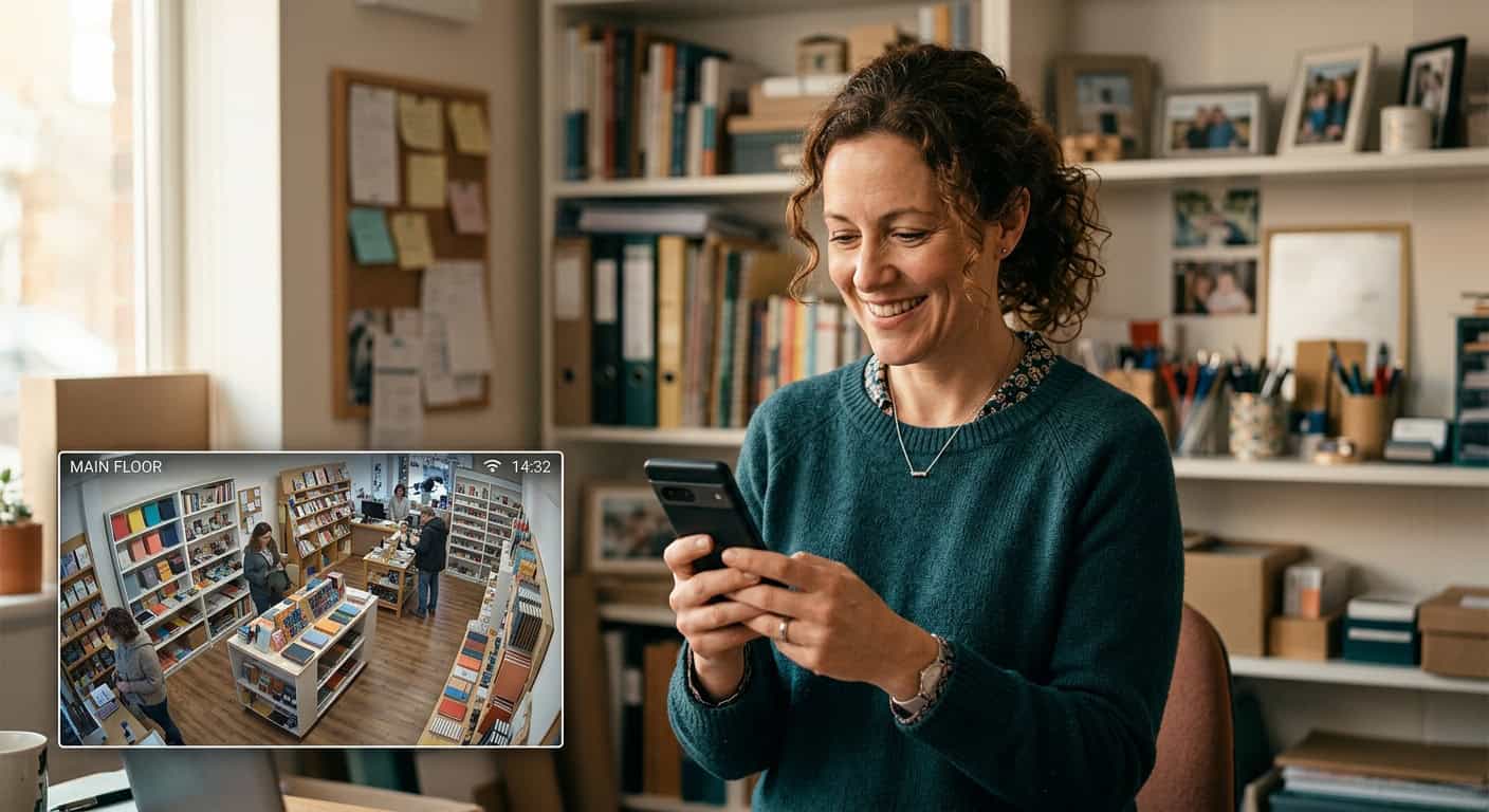 בעלת עסק מחייכת צופה בשידור חי ממצלמות האבטחה של החנות שלה באמצעות הסמארטפון